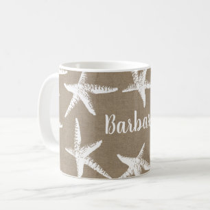 Rustikaler Strand Weißer Starfish & Imitate Burlap Kaffeetasse