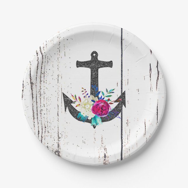 Rustikaler Strandanker und kühne Blumensommer nauk Pappteller (Vorderseite)