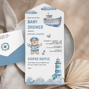 Rustikaler süßer Teddybär nautisches Boot Baby Sho All In One Einladung