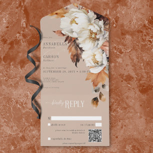 Rustikaler Tan & Cream Fall Floral & Blätter QR Co All In One Einladung