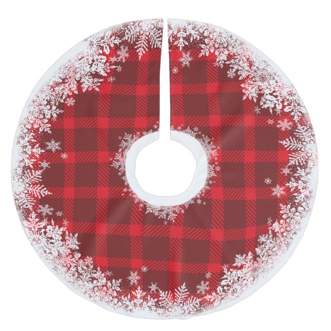 Rustikaler Tartan-karierter Schneeflocke-Baum-Rock Polyester Weihnachtsbaumdecke (Vorderseite)