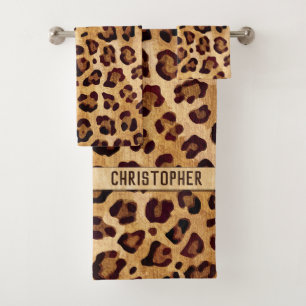 Rustikaler Textil-Leopard-Druckername Badhandtuch Set