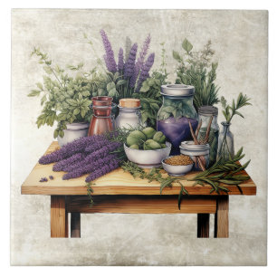 Rustikaler Tisch mit Kräutern Aquarelle Fliese