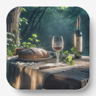 Rustikaler Tisch mit Wein in einem Wald Pappteller