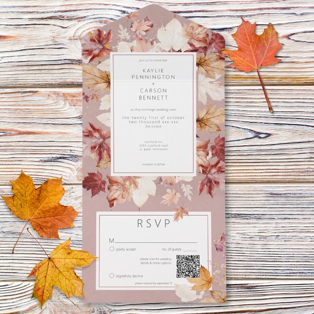 Rustikaler Tod von Herbstlauben Burgund QR Code All In One Einladung (Rustic Wreath of Fall Leaves Burgundy QR Code All In One Invitation)