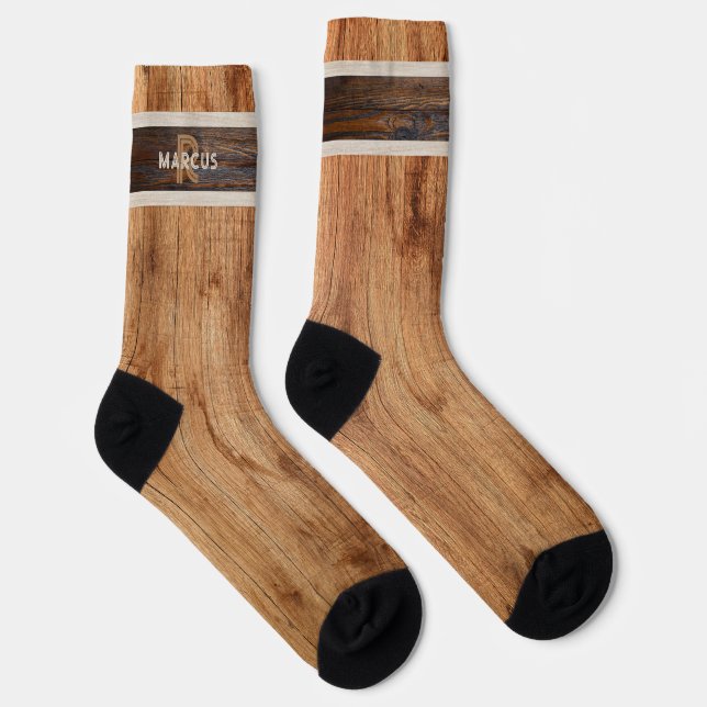 Rustikaler Ton Monogramm Tan und braun Socken (Rechts)