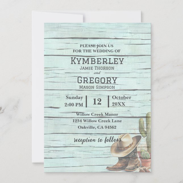 Rustikaler türkisfarbener Western Boost Hat Einladung (Vorderseite)