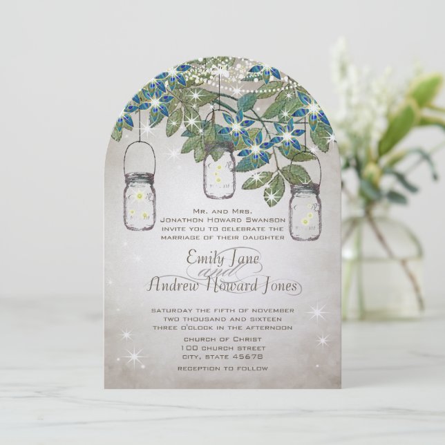 Rustikaler und romantischer Mason Jar unter den St Einladung (Stehend Vorderseite)