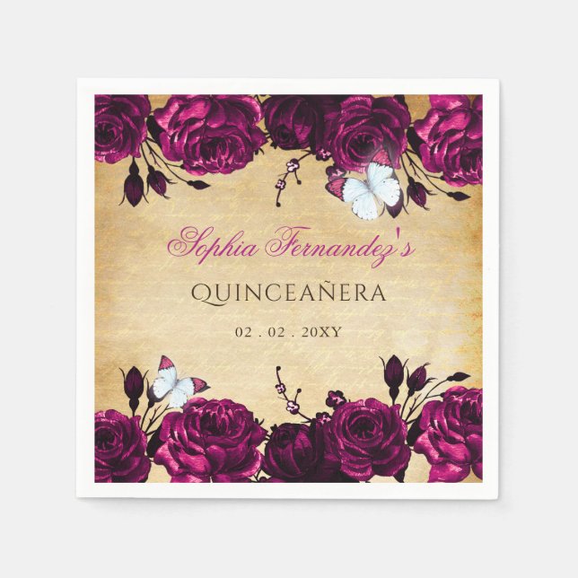 Rustikaler Vintag rosa Blütenschmetterling Serviette (Vorderseite)