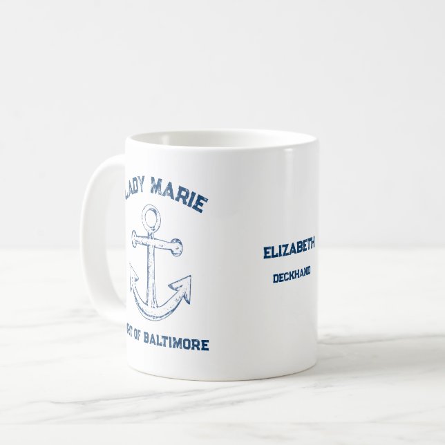 Rustikaler Vintage-Anker Marineblauer Name Hafen Kaffeetasse (Vorderseite Links)