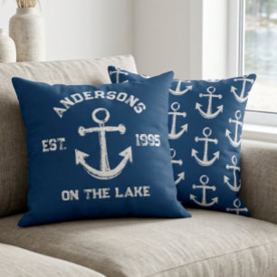 Rustikaler Vintage-Anker Name Gegr. Navy Blau Kissen