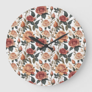 Rustikaler Vintage-Blumen-Rot-Rosen-Naturdruck Große Wanduhr