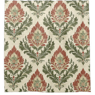 Rustikaler Vintage-Damaskus Rot Grün Beige Duschvorhang