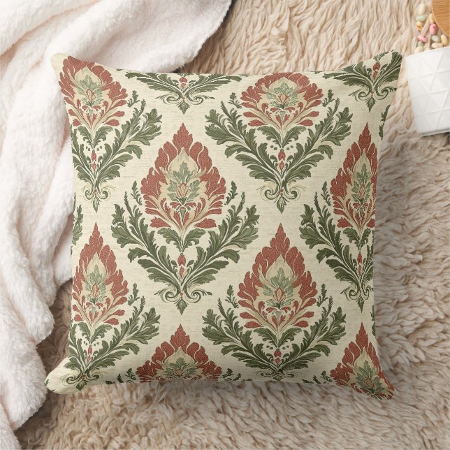 Rustikaler Vintage-Damaskus Rot Grün Beige Kissen (Decke)