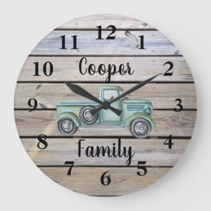 Rustikaler Vintage-Grünwagen Holzplanken-Familienn Große Wanduhr