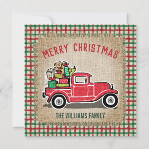 Rustikaler Vintage-Roter-Lieferwagen-Karo-Jute-Fam Feiertagskarte