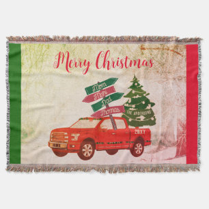 Rustikaler Vintage-Roter-LKW-Familienname-Weihnach Decke