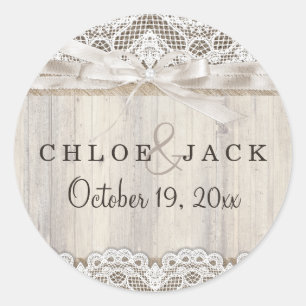 Rustikaler Vintage-Spitzen- und Holz-Hochzeitsaufk Runder Aufkleber