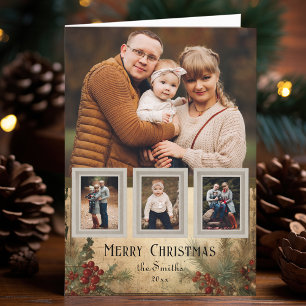 Rustikaler Vintage-Stil Vier-Foto-Weihnachtsflor Feiertagskarte