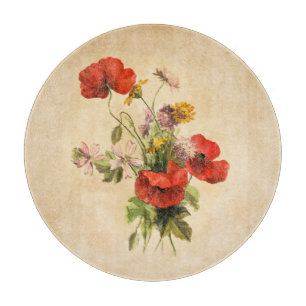 Rustikaler Vintage-Strauß Rote Mohn Wilde Blumen Schneidebrett
