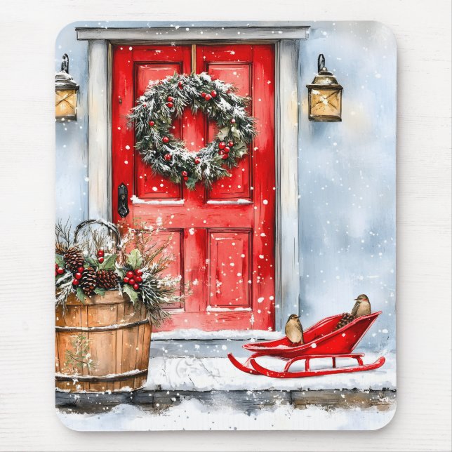 Rustikaler Vintage-Weihnachts-Türkränze in Rot Mousepad (Vorne)