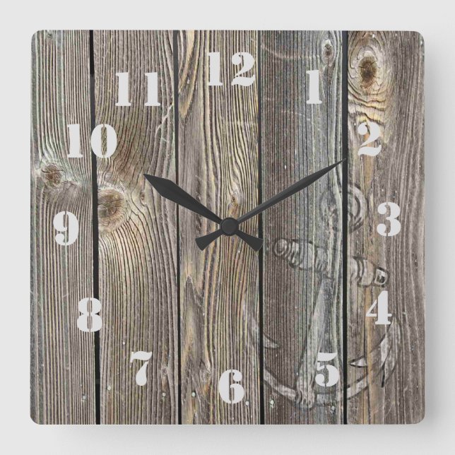 Rustikaler Vintager Anker auf authentischem Holz Quadratische Wanduhr (Vorderseite)