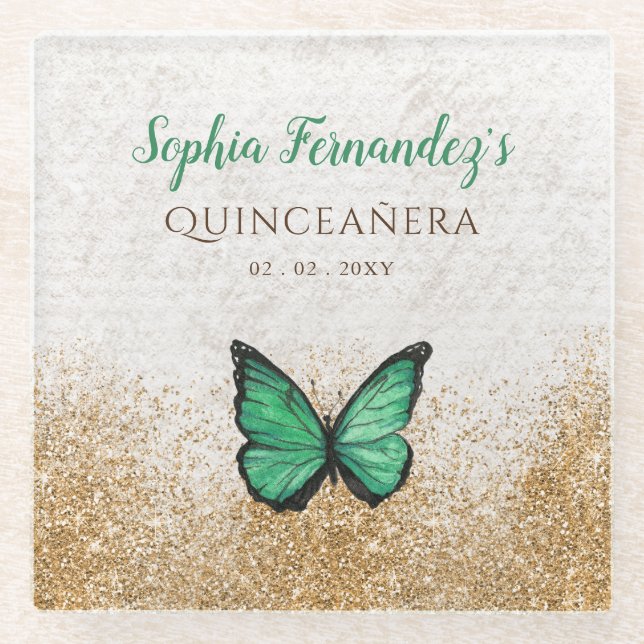 Rustikaler Vintager Emerald Green Gold Butterfly Glasuntersetzer (Vorderseite)
