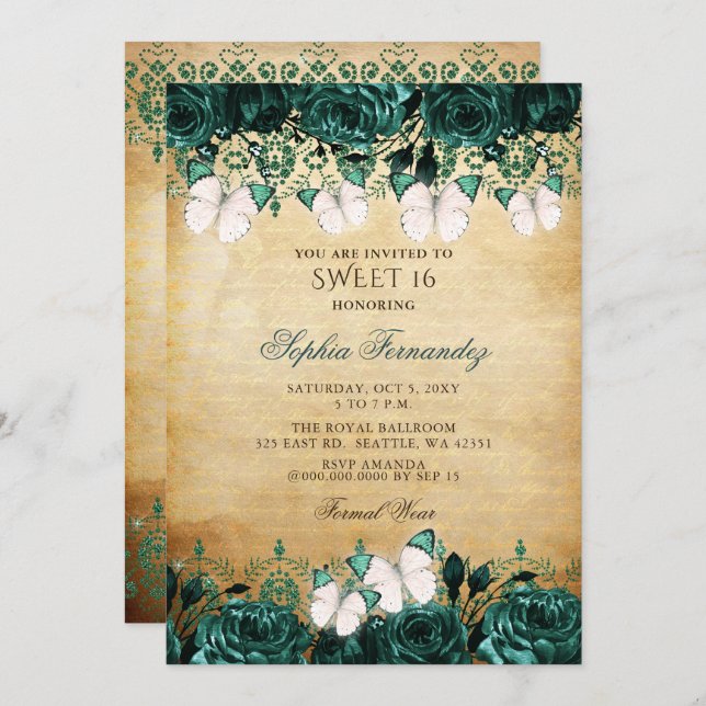 Rustikaler Vintager grüner Blütenschmetterling Süß Einladung (Vorne/Hinten)