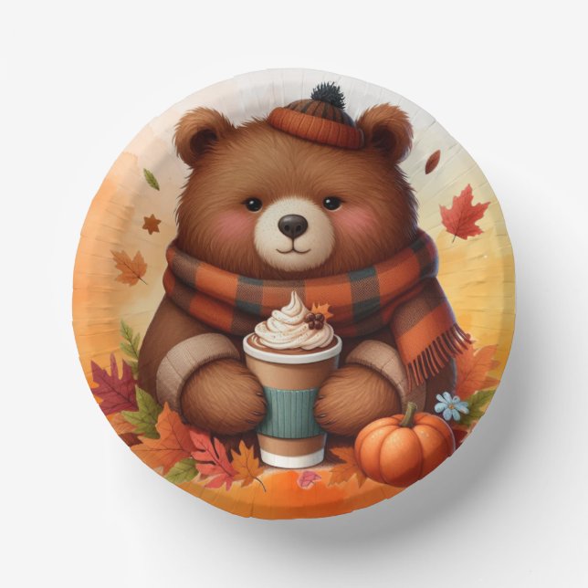 Rustikaler/Vintager Herbstbär Pappteller (Vorderseite)