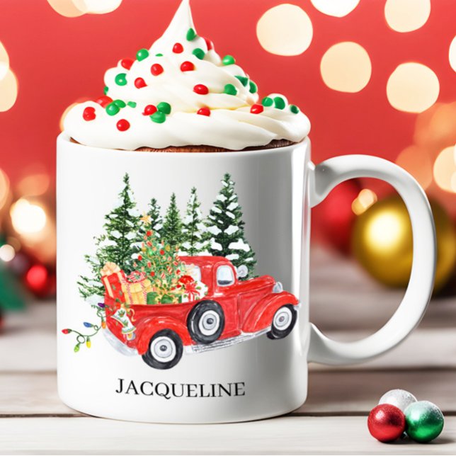 Rustikaler Vintager LKW-Baum Schneebesen Weihnacht Kaffeetasse (Vintage red truck and Christmas trees personalized mug)