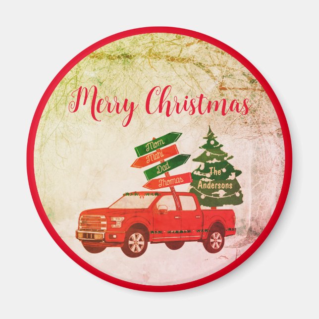 Rustikaler Vintager Red Truck Frohe Weihnachten Magnet (Vorne)