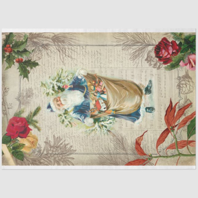 Rustikaler Vintager Weihnachtsmann mit Blume, Pine Seidenpapier (Vorderseite)