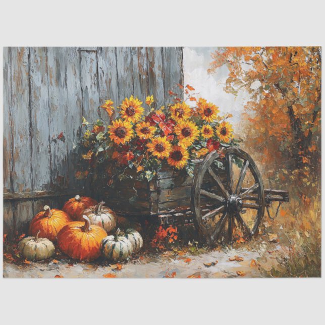Rustikaler Wagen mit Pumpkins und Sonnenblumen Seidenpapier (Vorderseite)