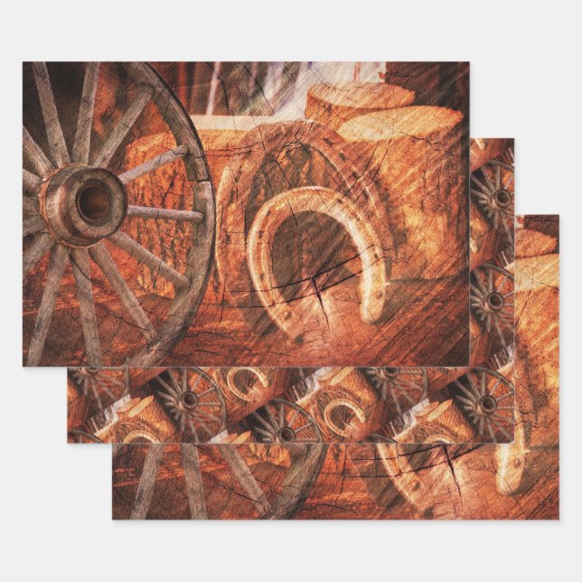 Rustikaler Wagenrad-Hufeisen Western Style Geschenkpapier Set (Set)