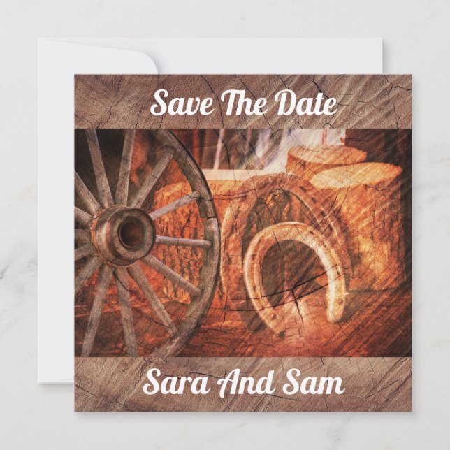 Rustikaler Wagenrad-Hufeisen Western Style Save The Date (Vorderseite)