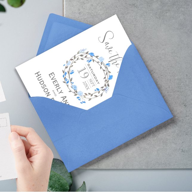 Rustikaler Wald Blue Peony Wreath Save the Date Einladung (Von Creator hochgeladen)