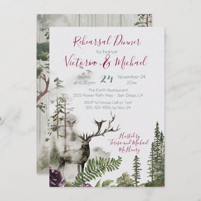 Rustikaler Wald Hirsche Probe Abendessen Einladung (Vorne/Hinten)