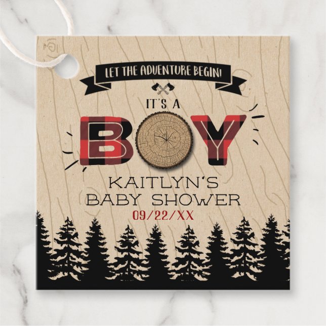 Rustikaler Wald Kariert Lumberjack Boys Babydusche Geschenkanhänger (Vorderseite)
