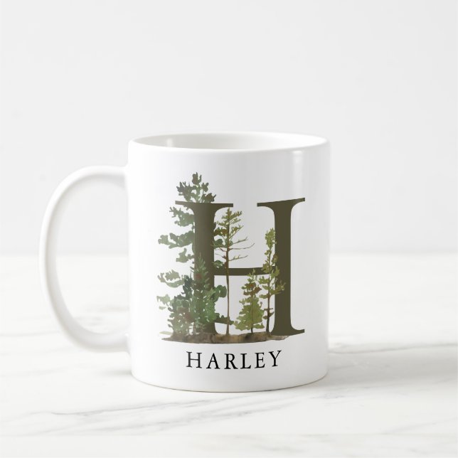 Rustikaler Wald Letter H Monogram Name Kaffeetasse (Links)