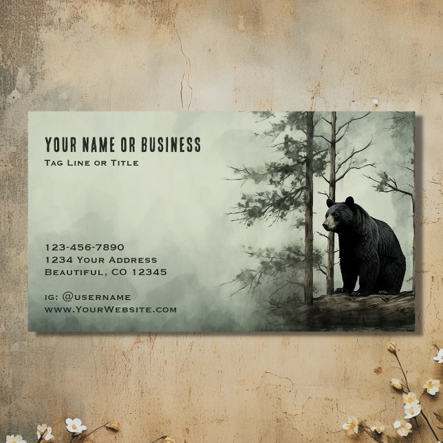 Rustikaler Wald mit einfachem schwarzem Bär Visitenkarte (Front - Simple Black Bear Rustic Woodland Forest Business Card)
