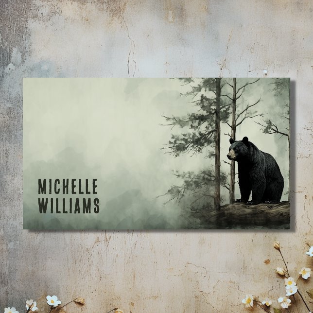 Rustikaler Wald mit einfachem schwarzem Bär Visitenkarte (Front - Simple Black Bear Rustic Woodland Forest Business Card)
