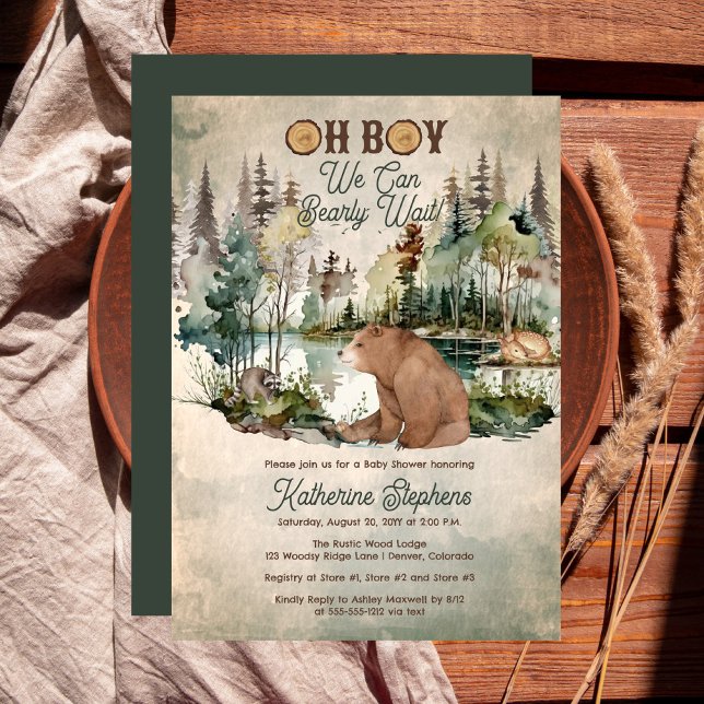 Rustikaler Wald Oh Boy Bearly Wait Baby Dusche Einladung ("Oh Boy We Can Bearly Wait!" Rustic Woodland Bear Forest Animals Baby Shower Invitation - Print Digi)