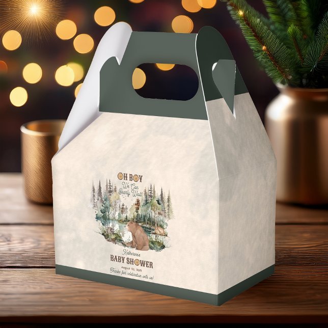 Rustikaler Wald Oh Boy Bearly Wait Baby Dusche Geschenkschachtel ("Oh Boy We Can Bearly Wait!" Rustic Woodland Bear and Forest Animals Baby Shower Favor Boxes)