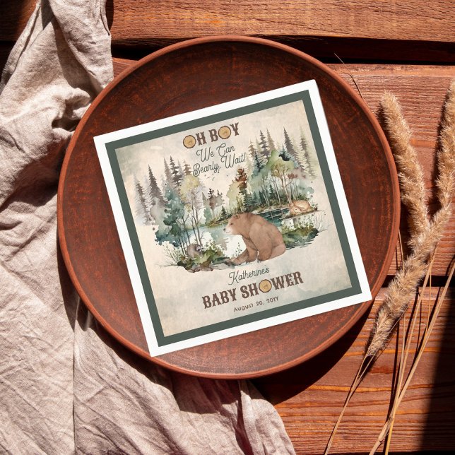 Rustikaler Wald Oh Boy Bearly Wait Baby Dusche Serviette ("Oh Boy We Can Bearly Wait!" Rustic Woodland Bear and Forest Animals Baby Shower Paper Napkins)