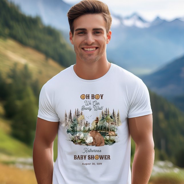 Rustikaler Wald Oh Boy Bearly Wait Baby Dusche T-Shirt ("Oh Boy We Can Bearly Wait!" Rustic Woodland Bear and Forest Animals Baby Shower T-Shirt)