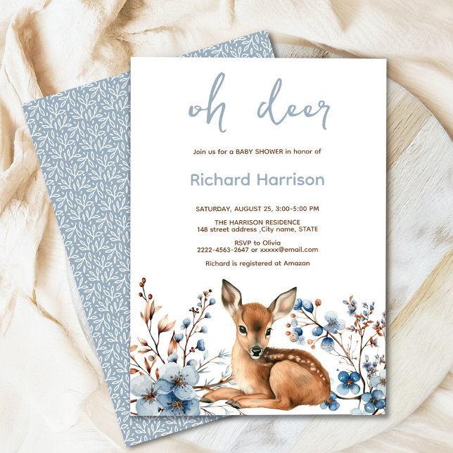 Rustikaler Wald Oh Hirsche niedliche Babydusche Ei Einladung (Oh deer rustic blue florals with cute forest deer baby shower invitation, gender neutral, woodland )