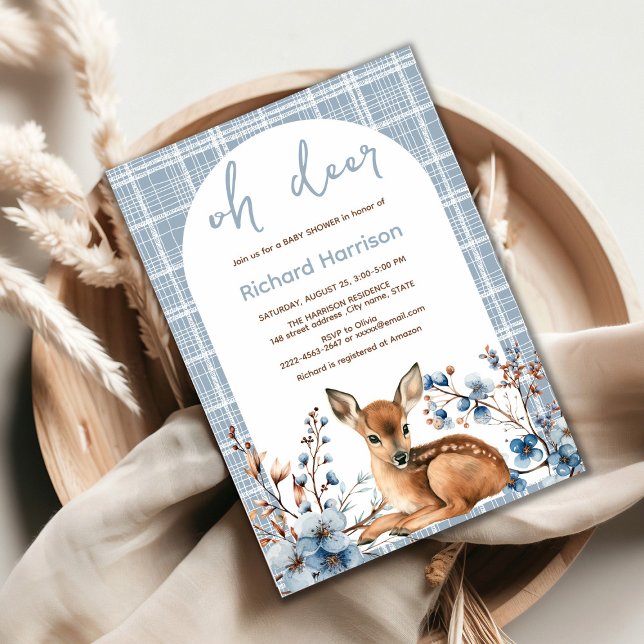 Rustikaler Wald Oh Hirsche niedliche Babydusche Ei Einladung (Oh deer rustic blue florals with cute forest deer baby shower invitation, gender neutral, woodland )