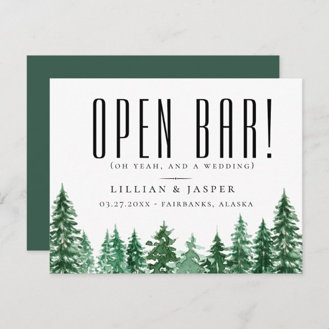 Rustikaler Wald OPEN BAR Save the Date Spaß Ankündigung (Vorne/Hinten)