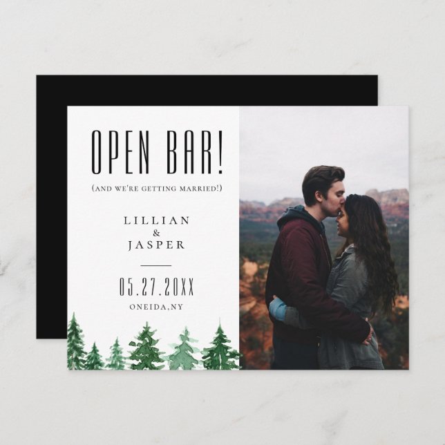 Rustikaler Wald OPEN BAR Save the Date Spaß Ankündigung (Vorne/Hinten)