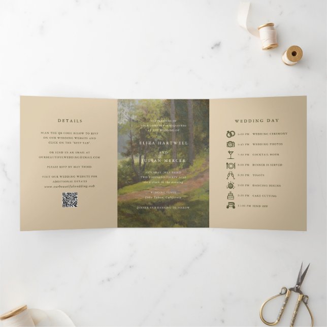 Rustikaler Wald QR Code Elegante Hochzeit Dreifach Gefaltete Einladung (Innenseite)
